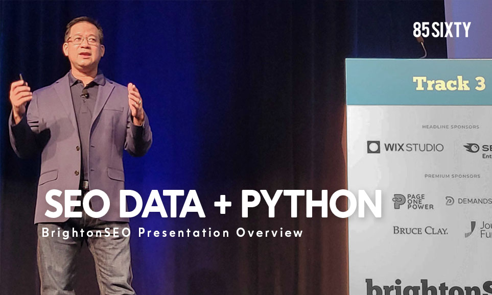 Benj Arriola presenting at the BrightonSEO conference in San Diego in 2024, speaking about Python, Data Science and SEO Data